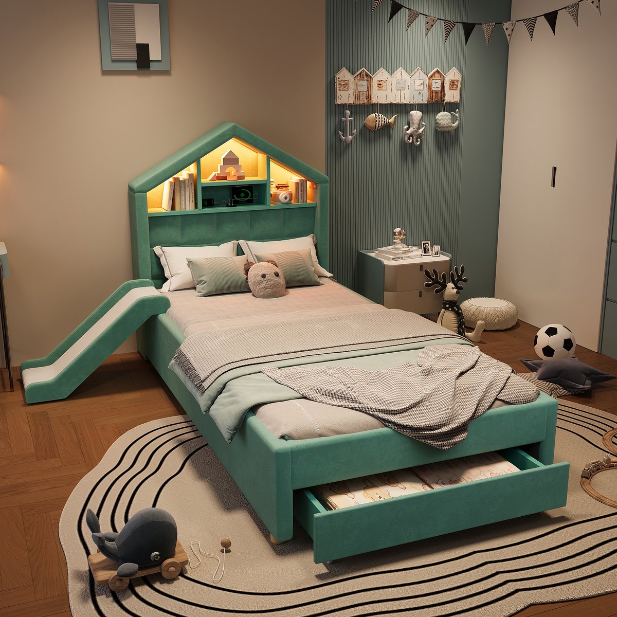MIVRAY Kinderbed 90x200 cm Zonder Matras Blauwgroen Gepolsterd Huisbed Met Glijbaan Opbergruimte Ledverlichting En Laadpunt Stof