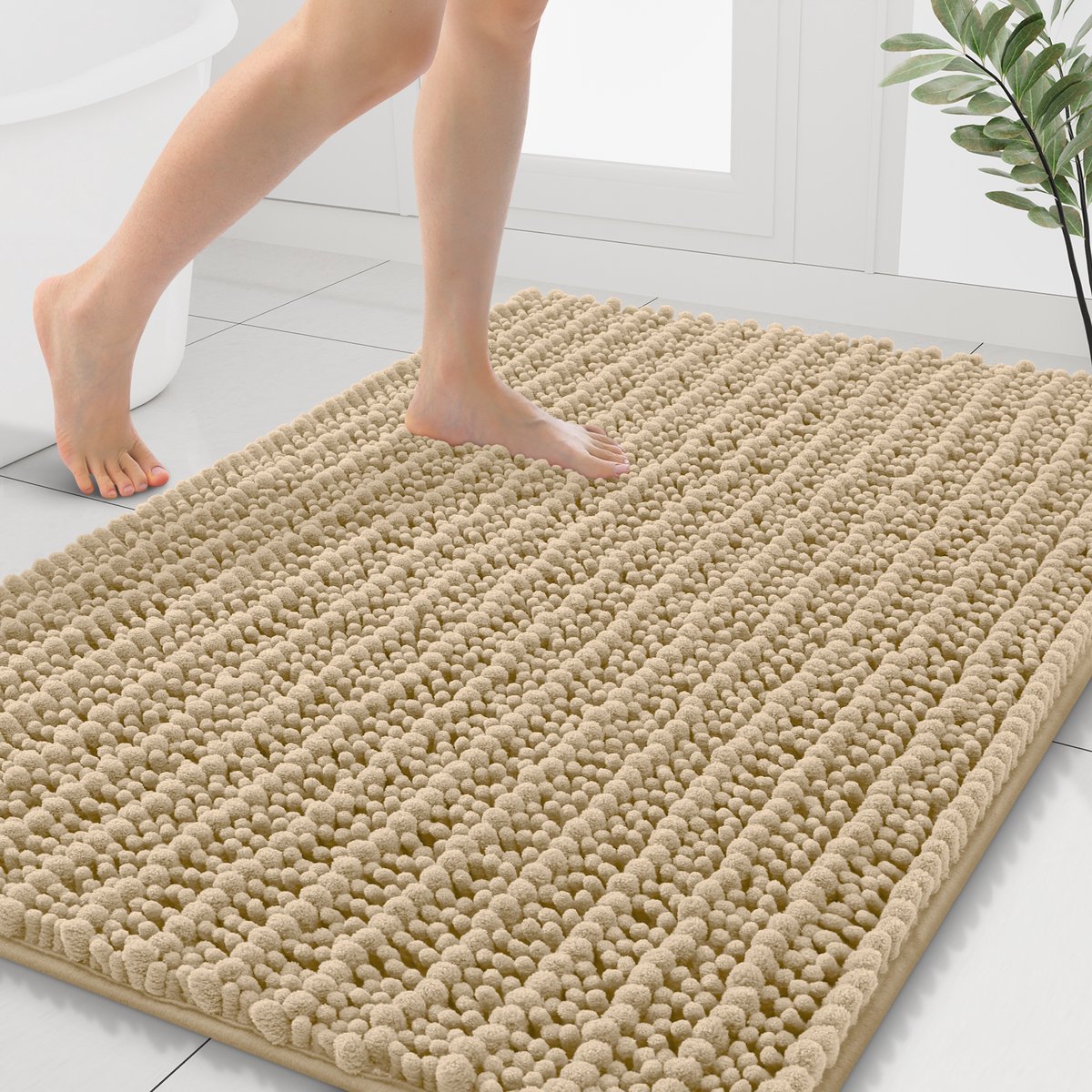 Olanly Badmat Antislip – Chenille Douchemat – Badmat Badkamer – Dik, zacht en absorberend – Beige – 82X102cm