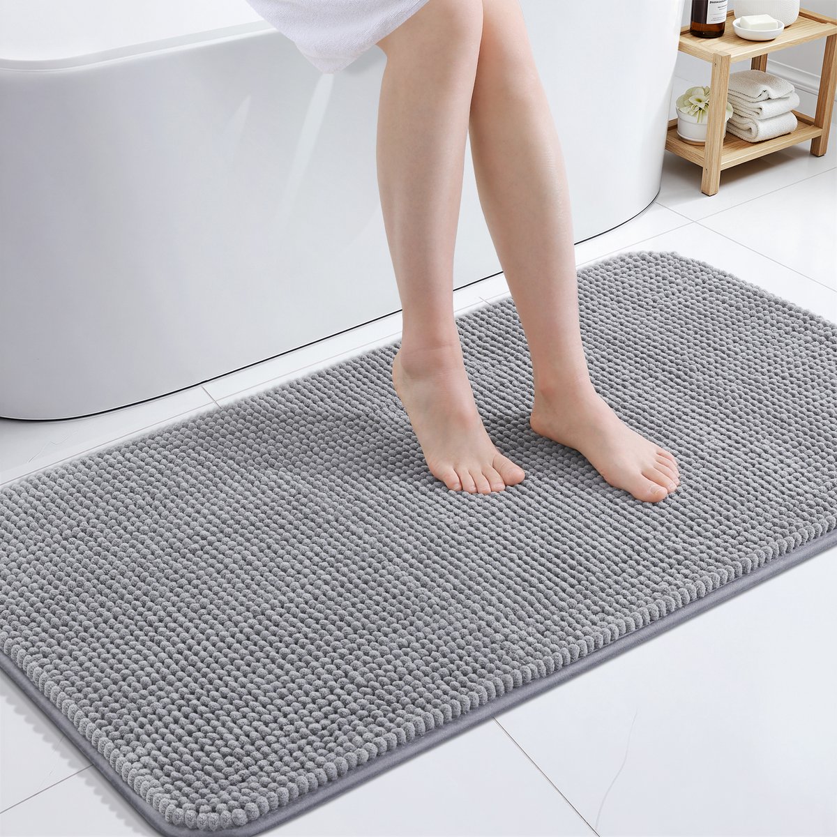 Olanly Badmat Antislip – Laag profiel Douchemat – Badmat Badkamer – Chenille Vloermat – Middelgrijs – 61X120cm