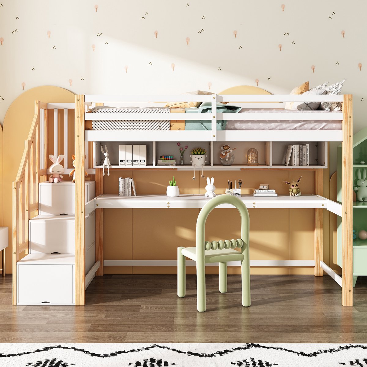 REDOM - Hoogslaper kinderbed - Met geïntegreerd bureau en opbergruimte - Met trap en uitvalbeveiliging - Kinderkamer - Hout en MDF - Wit en Eiken - 252 x 95 x 165 cm