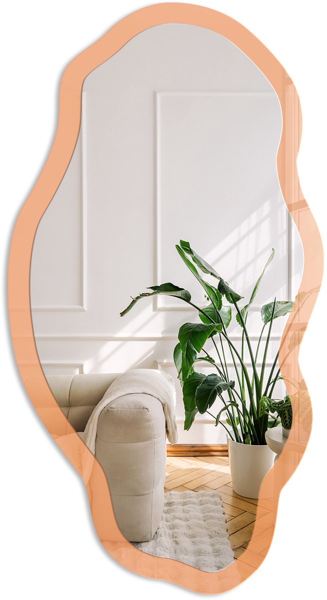 Coloray Pastel Oranje Spiegel - Oranje Moderne Rechthoekige Wandspiegel - Organische Spiegel - Woonkamer - Minimalistisch - 45x90 cm - Totale afmeting 52x97 cm