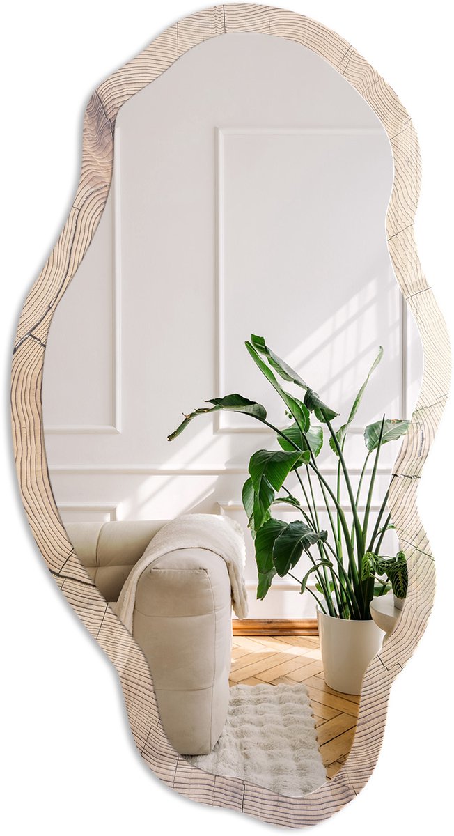 Coloray Houtnerf Spiegel - Beige Strakke Rechthoekige Spiegel - Organische Spiegel - Woonkamer - Rustiek - 45x90 cm - Totale afmeting 52x97 cm