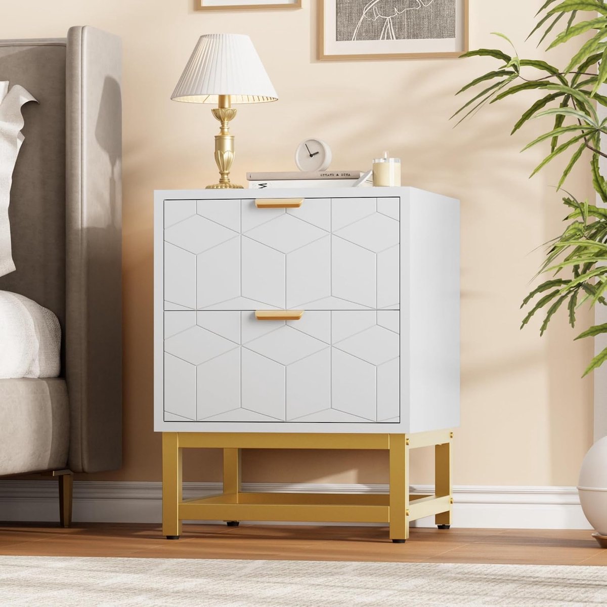 Moderne ladekast – Houten ladekast met 2 lades – Vrijstaand nachtkastje – Stevig metalen frame – Gouden metalen handgrepen – 50×40×40 cm – Wit
