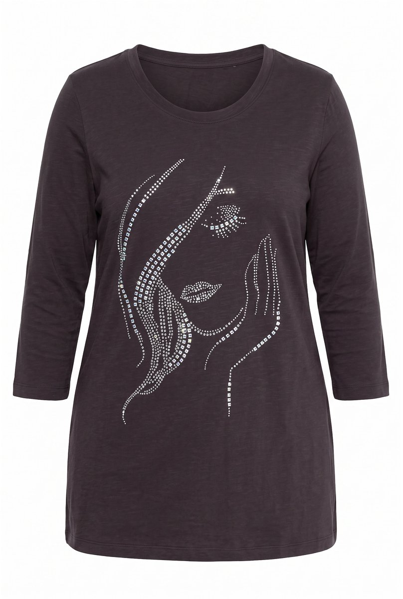 MIAMODA - Dames - T-shirt classic fit vrouwen glittermotief - Mahonie - Maat 44