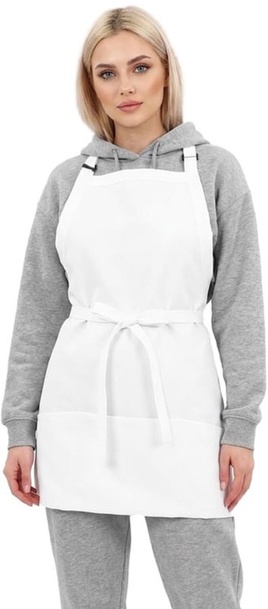 Kookschort Wit - Kookkostuum Volwassenen - Schort Dames - 100% Polyester - Drie Zakken - Ademend en Comfortabel - Keukenschort
