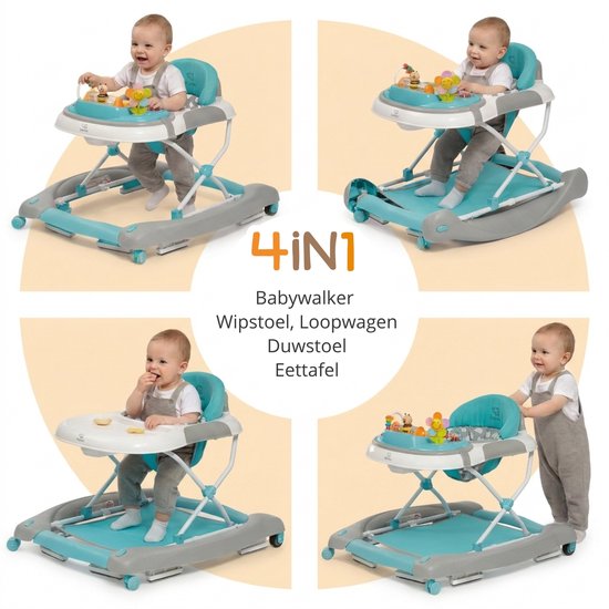 BRONEA® 4-in-1 Loopstoeltje vanaf 6 maanden - Babywalker met schommelfunctie en speelpaneel met muziek - in hoogte verstelbaar & klapbaar - Geruisarme wielen en remmen - blauw turquoise van BRONEA — afbeelding 3