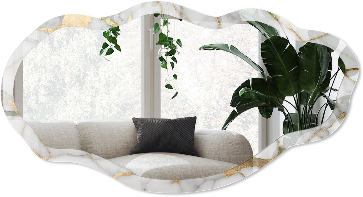 Wallfluent Gele Marmer Spiegel - Wit Rechthoekige Spiegel Met Modern Design - Organische Spiegel - Badkamer, Woonkamer, Keuken - Minimalistisch - 45x90 cm - Totale afmeting 52x97 cm