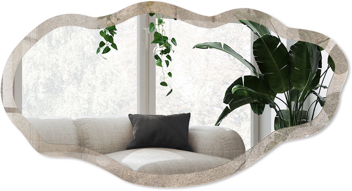 Wallfluent Natuurlijke Structuur Spiegel - Grijs Stijlvolle Wandspiegel - Organische Spiegel - Woonkamer, Kantoor, Slaapkamer - Rustiek - 45x90 cm - Totale afmeting 52x97 cm