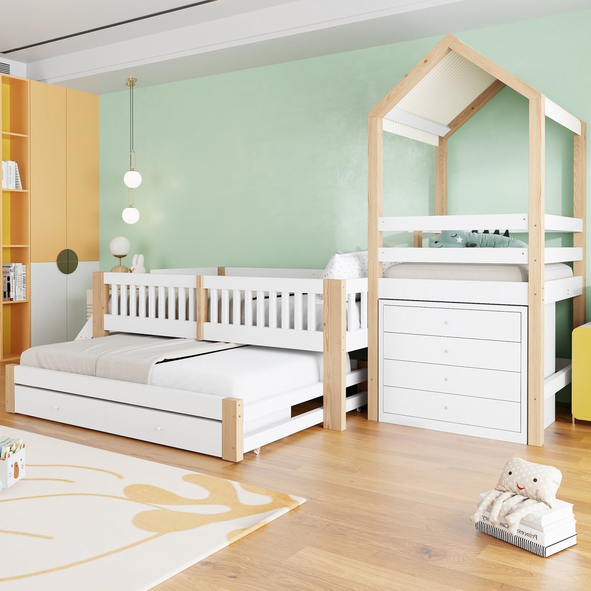 STILVORA Kinderbed 90 x 200 cm Zonder matras – Hoogslaper Met Uittrekbed 90 x 190 cm – Opbergruimte Met Vier Lades En Trap – Hout En Stof – Wit En Natuurhout