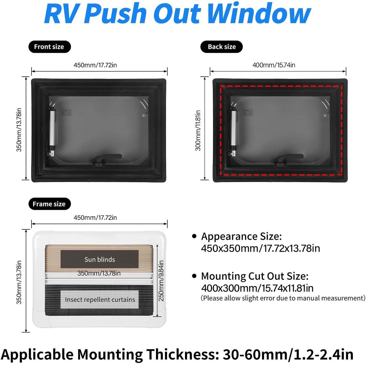 Dubbelzijdig UV-bestendig RV-uitzetraam 400 x 300 mm met hor en zonnescherm voor campers en trailers