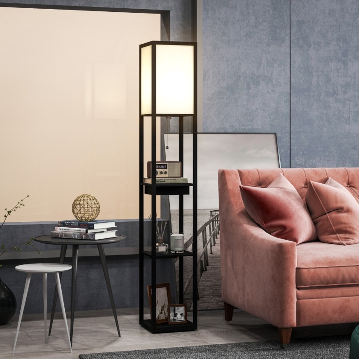 Staande Lamp Met Opbergplanken En 3 Vakken, E27 Fitting, Stof Lampenkap, USB-A En USB-C, Wit Zwart, Voor Woonkamer