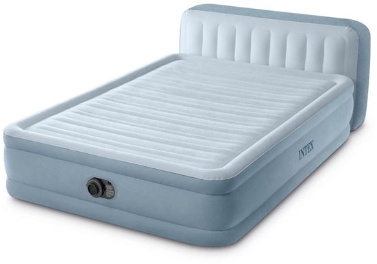 Grijs Intex luchtbed met hoofdbord en ingebouwde pomp. Afmetingen 236 x 152 x 46 cm.