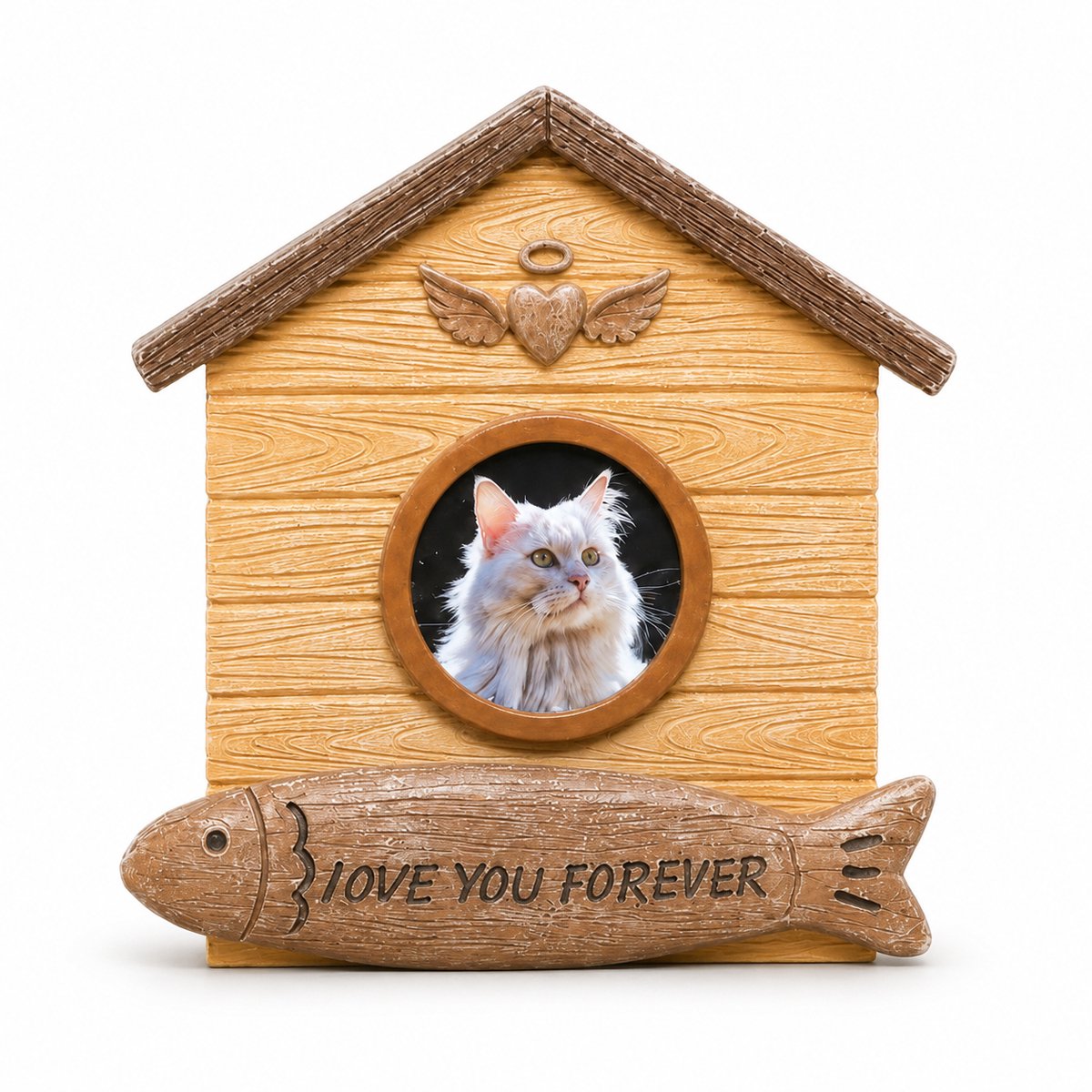 Sercano Kattenurn met Fotolijst – Huisdier Urn voor Kat – Gedenkurn in Huisvorm van Hars – Afsluitbare Onderzijde – 13,5 x 8 x 15 cm – Beige
