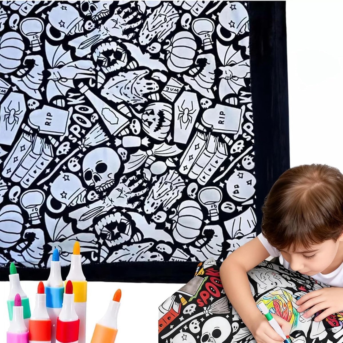 Kleurdeken met stiften - 150×125cm - Met 12 Stiften - DIY Kleurdeken - kleurdekens voor volwassenen - Wasbaar kleurboekdoek - DIY Schilderdeken - Creatief spelen thuis - Cadeaus - Halloween - Voor Knutselactiviteiten en Feestjes - Zwart