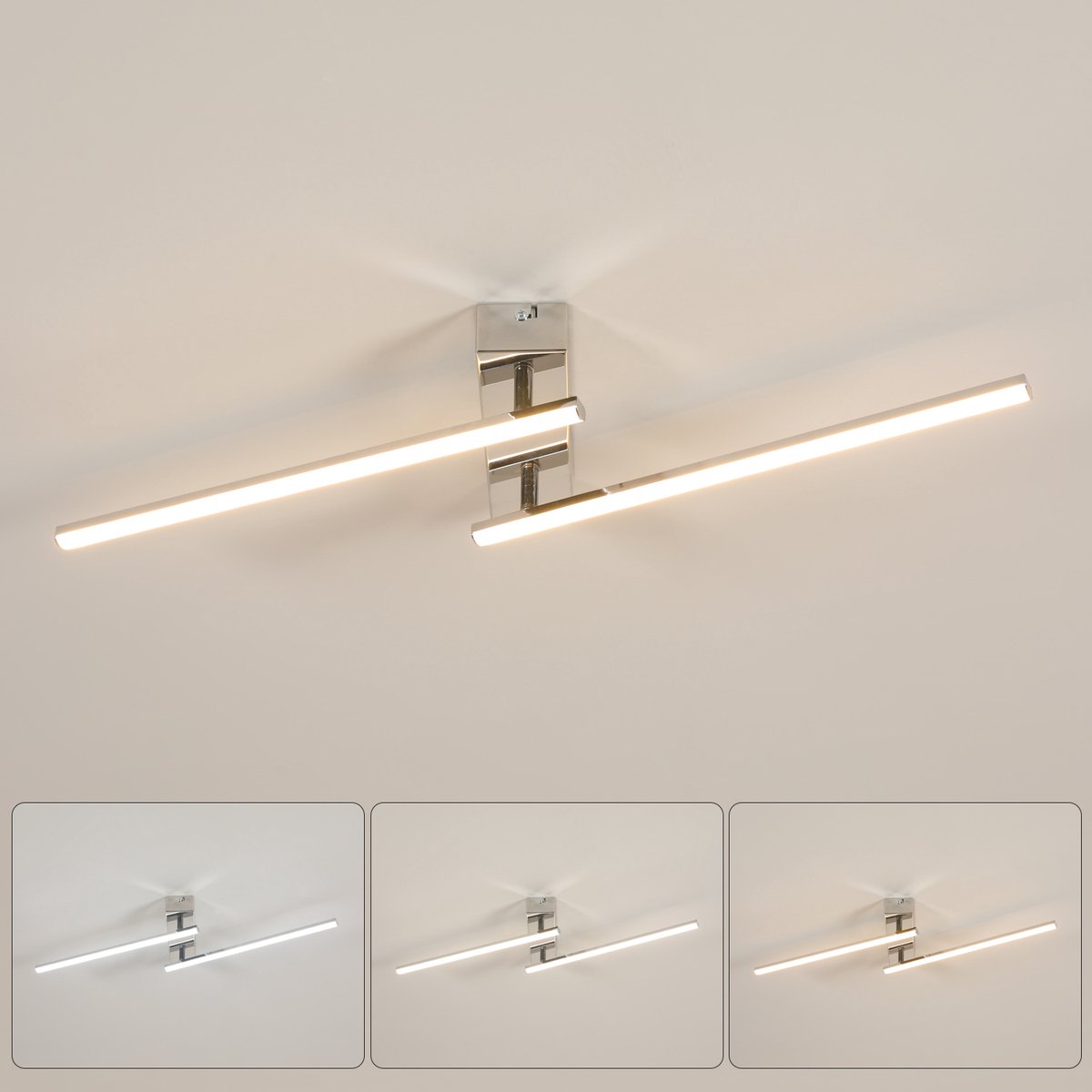 Riserva LED Plafondlamp modern langwerpig chroom, draaibaar 84cm, 24W driekleuren 3000/4500/6500K, ijzer + aluminium + siliconen, voor woonkamer slaapkamer keuken