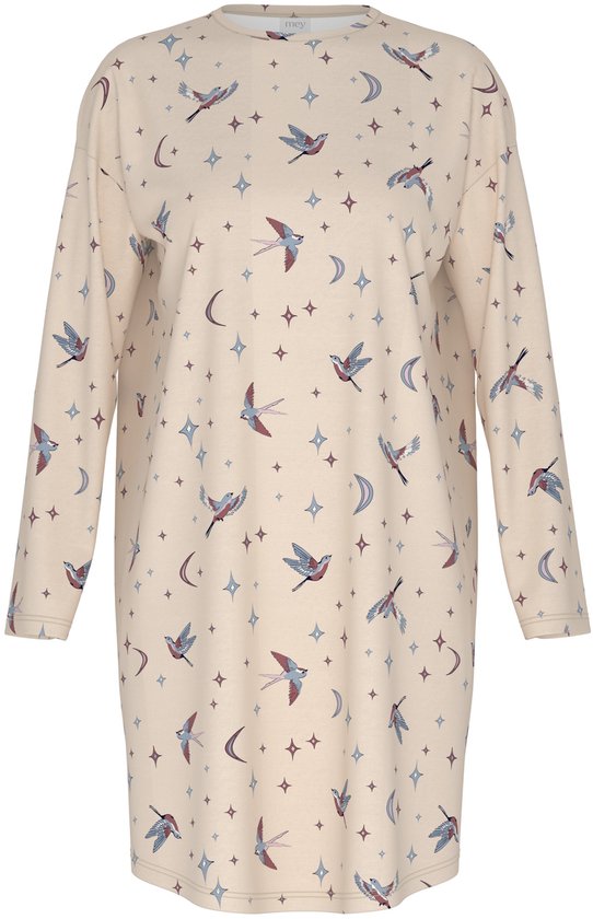Crèmekleurig nachthemd met lange mouwen en een all-over print van vogels, manen en sterren.