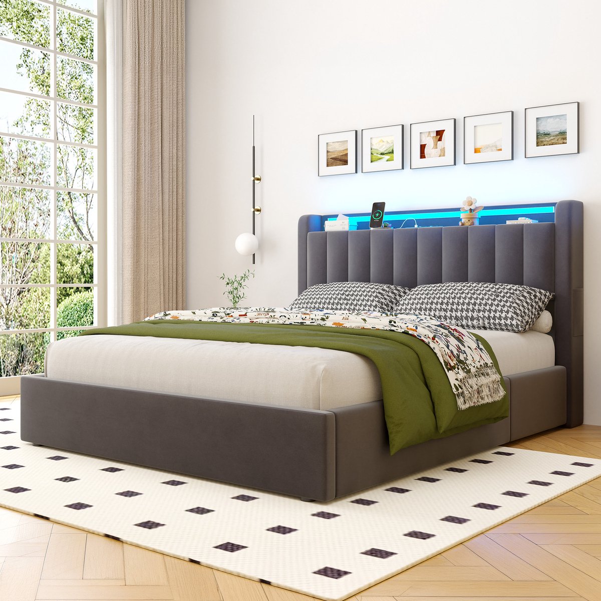 MEUNIQ Gestoffeerd opbergbed 140x200 cm met gasveer, LED-verlichting, USB-poort en hoofdbordplank, fluwelen bedframe, grijs Donkergrijs
