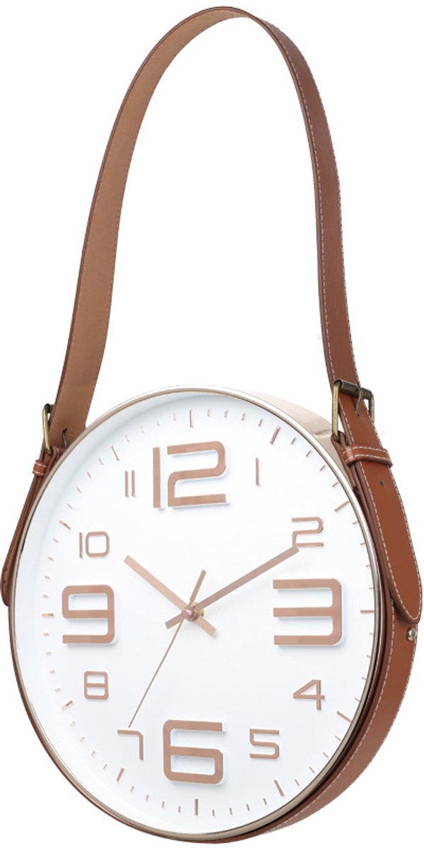 Wandklok 12 inch (30 cm) met leren hangriem - Stil quartz uurwerk, helder glas -6005 Wit met roségoud
