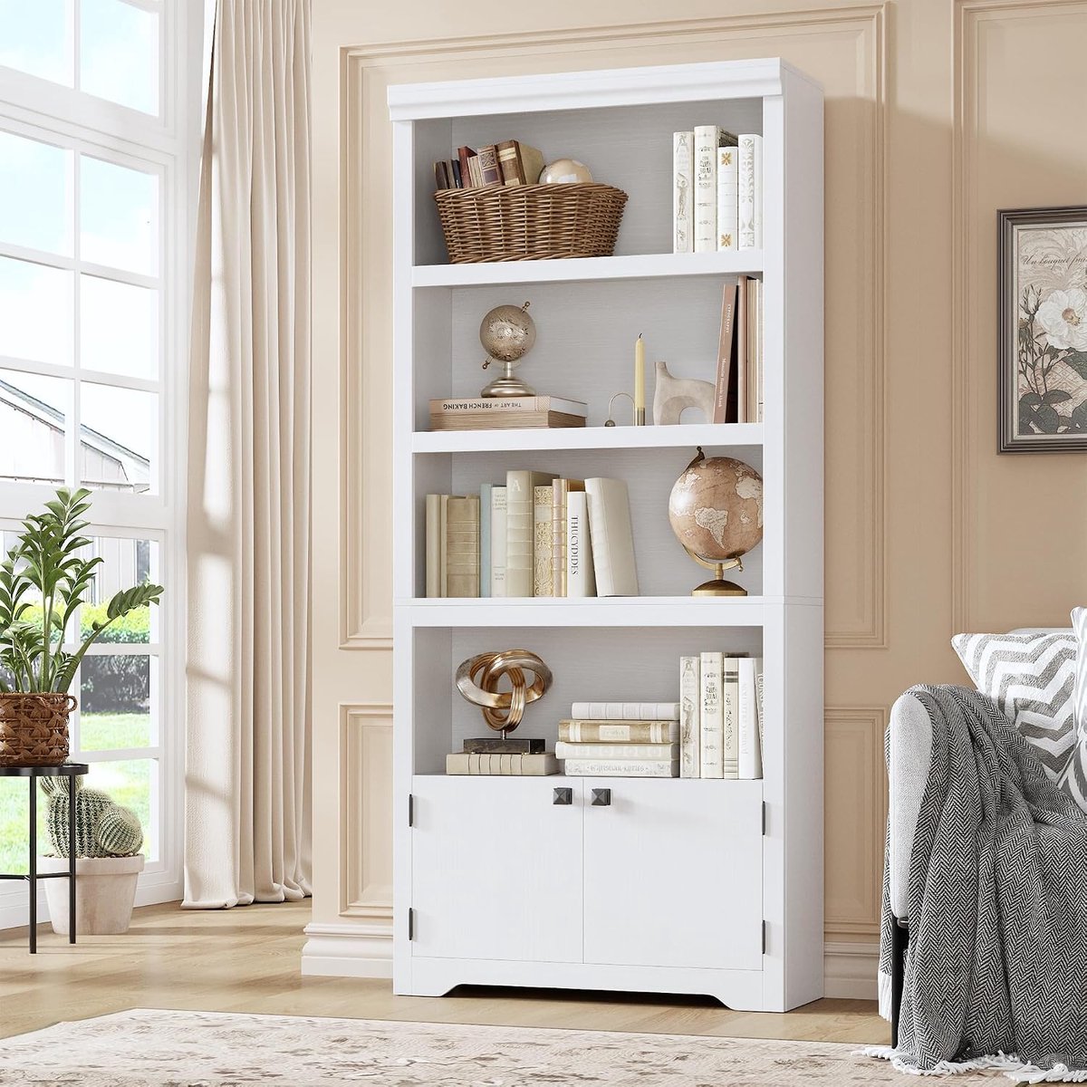 Boekenkast Hoog 5 Lagen met 2 Deuren - 80x29.5x174.5cm - Verstelbare En Uitneembare Planken - Vintage Open Opbergkast - Voor Kantoor Woonkamer - Wit