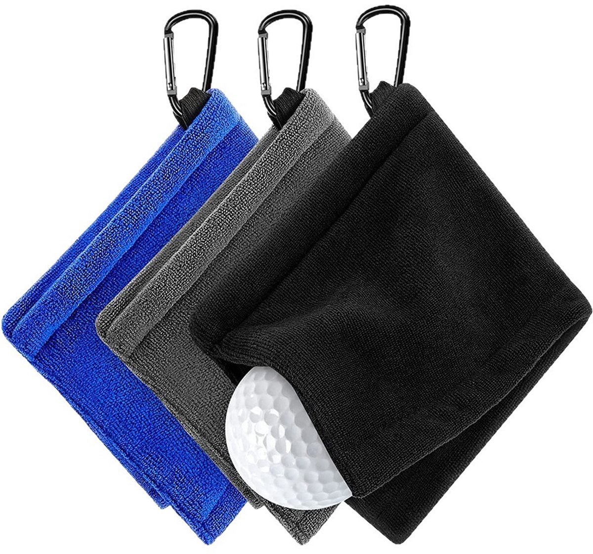 3-delige golfhanddoekenset - sport handdoeken - handdoeken - Met D-clip - Accessoires voor het schoonmaken van golfballen - 14*14 cm - Microvezel - Zwart/Grijs/Blauw