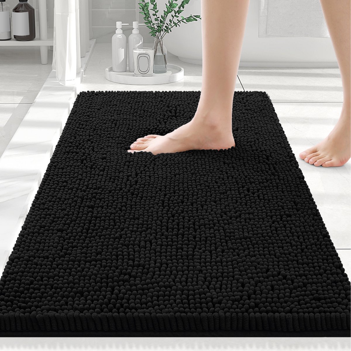 Olanly Badmat Antislip – Chenille Douchemat – Badmat Badkamer – Zwart – 51X76cm