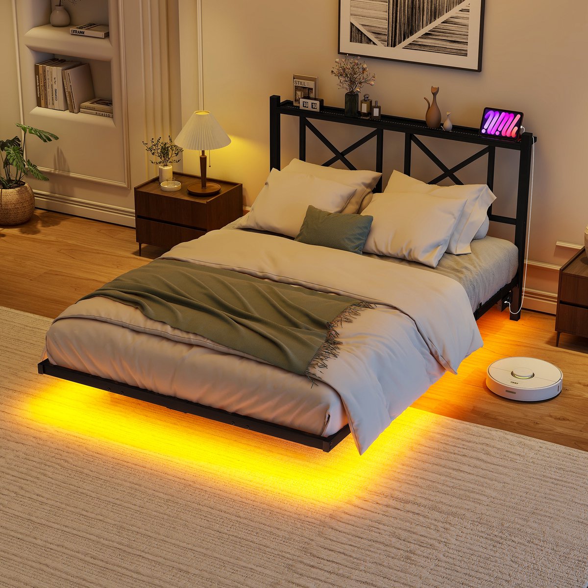 DESMIU Bedframe 120x200 Cm - Zwevend Design met Ledverlichting en Laadstation - Hoofdbord met Opbergruimte - Modern Slaapkamer - Metaal - Zwart - Zonder matras