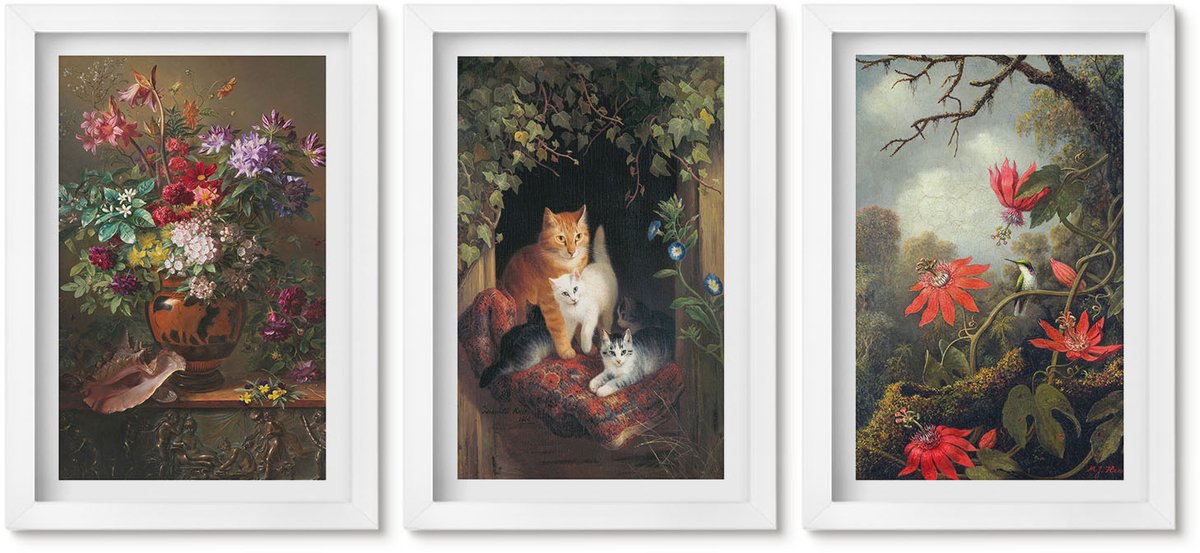 Wallfluent 3-Delige Schilderij Set - Vintage Bloemen, Katten En Planten In De Natuur - 20 x 30 - Muurdecoratie - Decoratieve Schilderijen - Wohnzimmer - Interieur Decoratie
