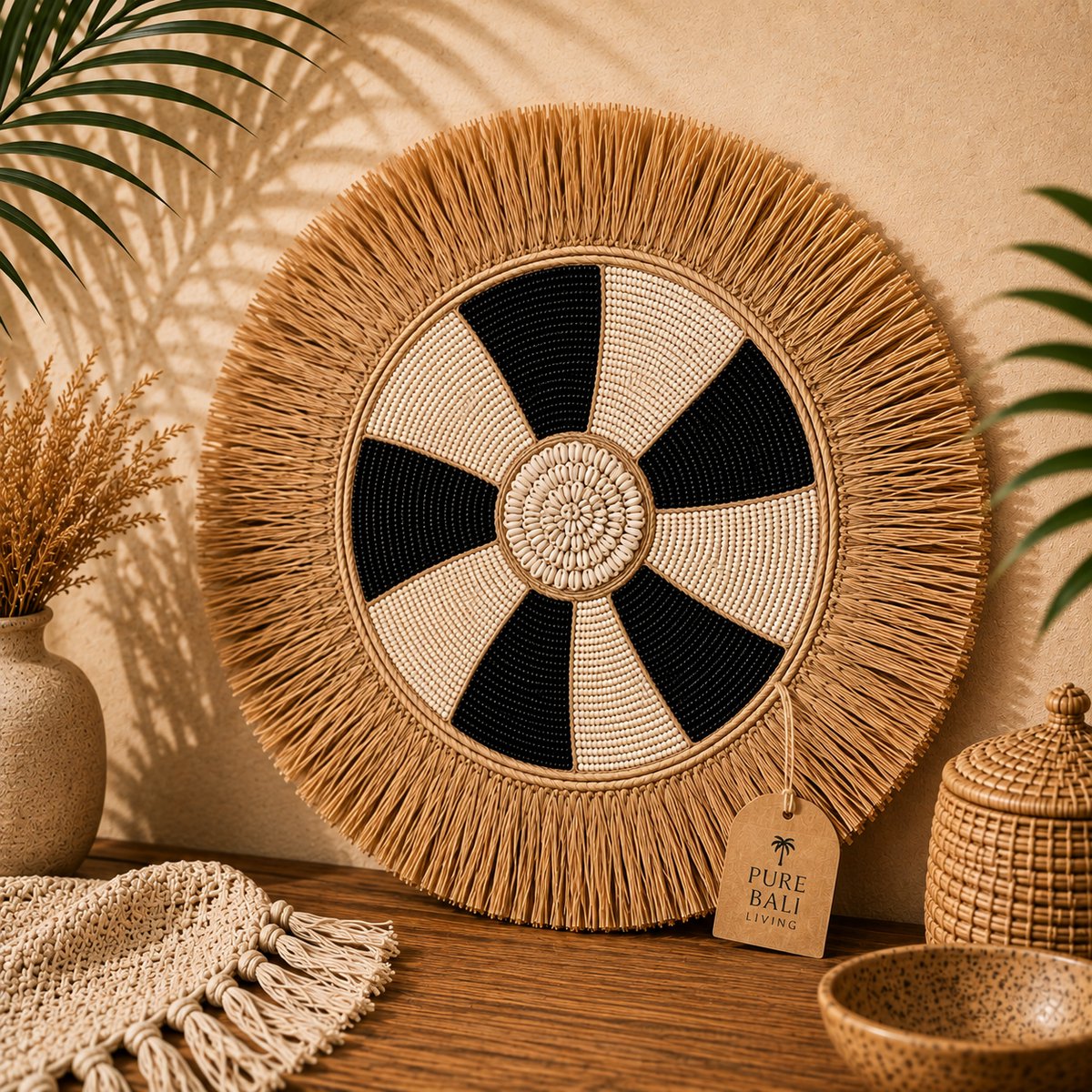 Wanddecoratie Bali Wiel – Zwart Beige – wandbord-Handgemaakt – 50 cm – Pure Bali Living