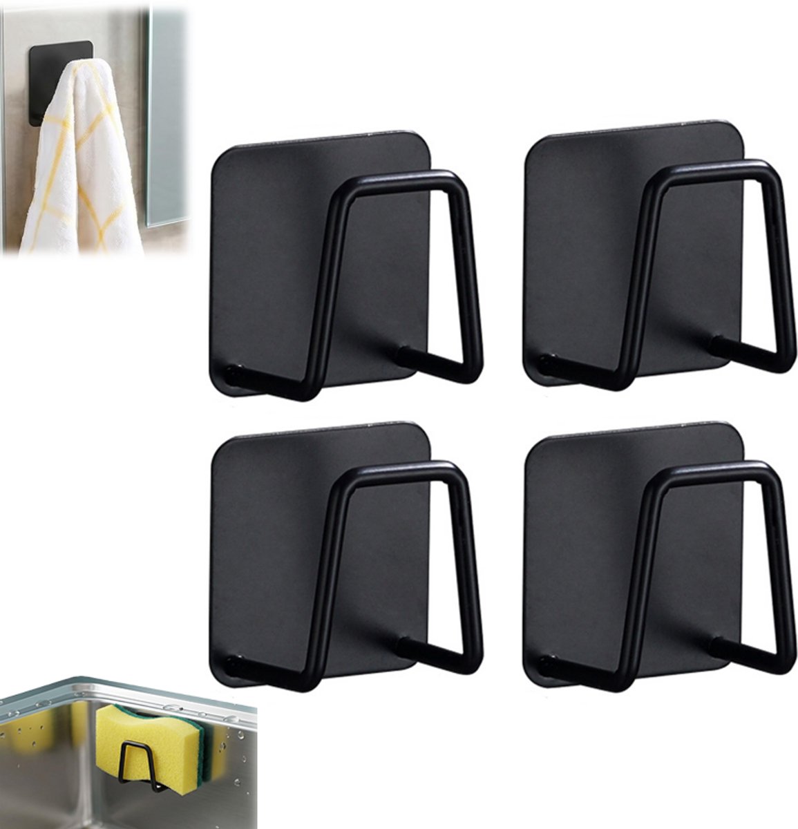 4 stuks - Sponshouder zwart - sponshouder - Gootsteen Organizer - Sponshouder RVS - 5 × 5 cm - voor spons, schuursponsje in keuken en badkamer