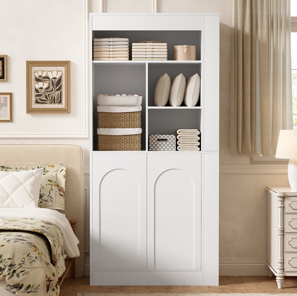 OKWISH Kast - Hoge Opbergkast Met Open Vakken - 2 Deuren En Zijvakken - Voor Woonkamer Slaapkamer En Hal - Wit - 85x35x180 Cm