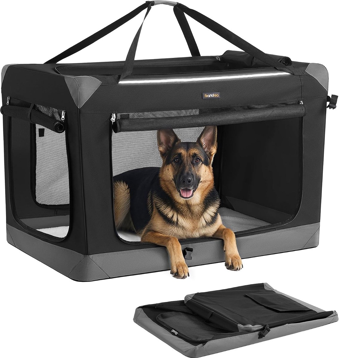 Feandrea PDC031BH01 Hondenbox, opvouwbaar, transportbox, hondentas, Oxford-stof, met 4 deuren van netstof, handgrepen, tas, 106,7 cm, voor grote honden, inktzwart/duifgrijs