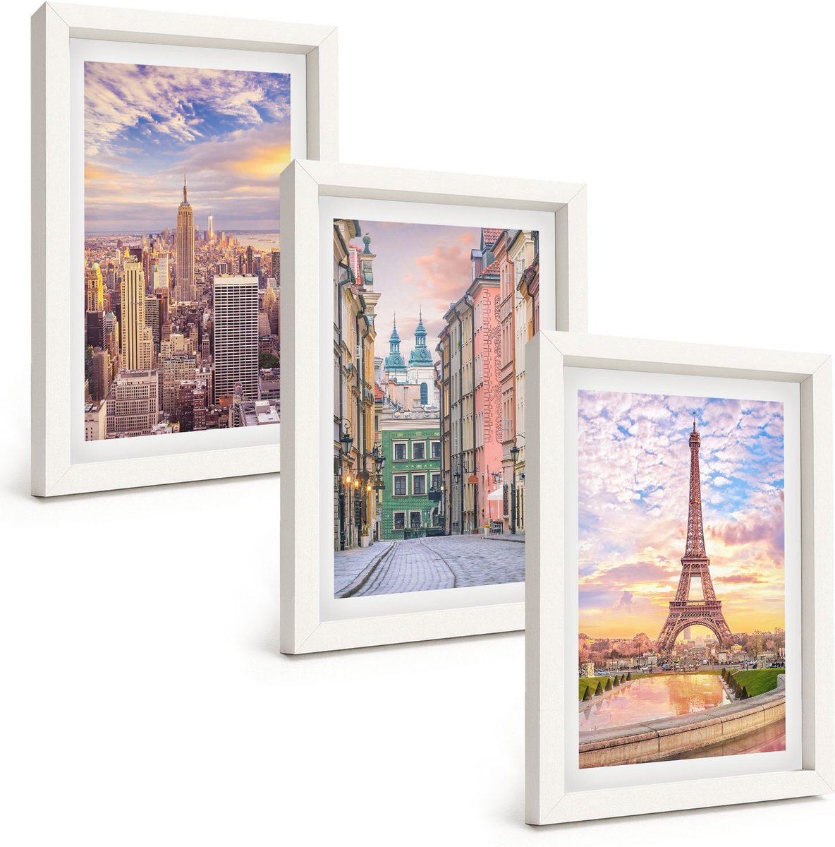 Wallfluent 3-Delige Schilderij Set - Uitzicht Op De Steden New York, Parijs En Warschau Bij Zonsondergang. - 20 x 30 - Wanddecoratie - Schilderijen Set - Interieur - Muurdecoratie