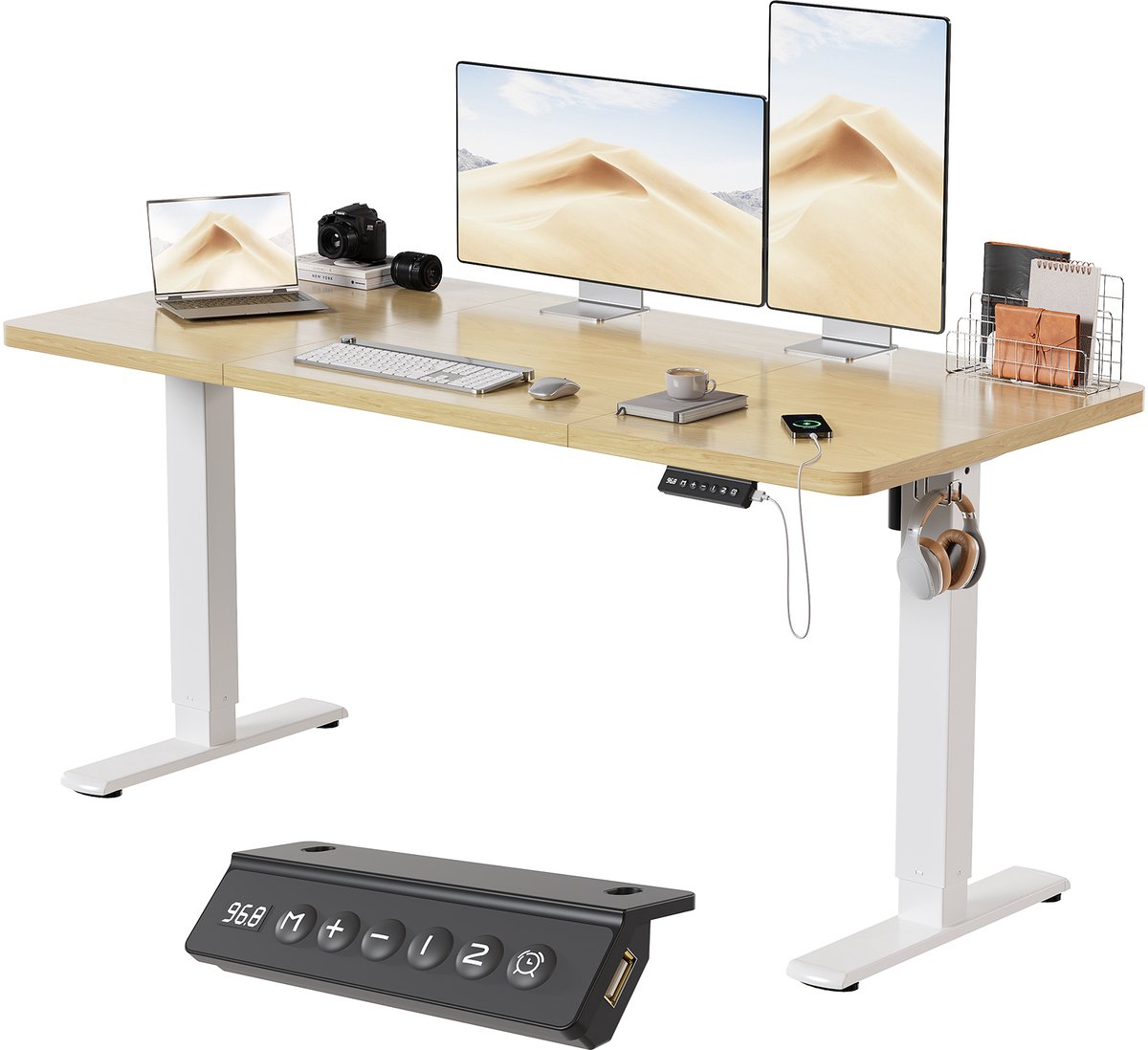 Devoko Elektrisch Zit-Sta Bureau 140x60 cm - E0 Tafelblad - Zit-herinnering - 2 Geheugenstanden - Digitaal Display - Wit frame met beige blad