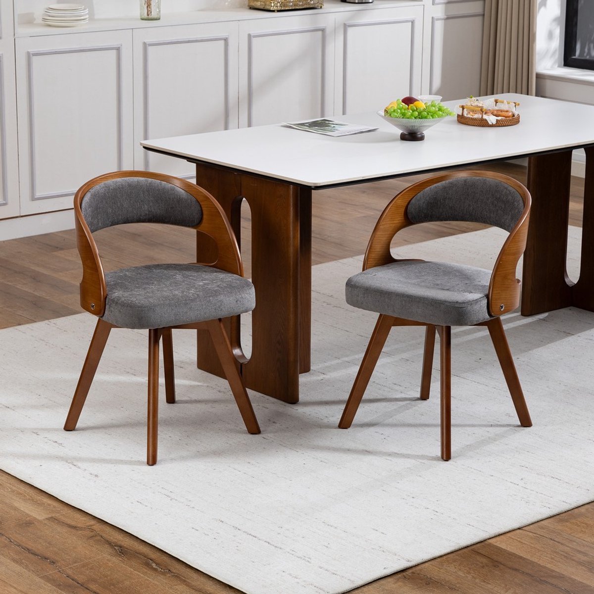 Pugsdrly Een set van twee houten eetkamerstoelen in moderne stijl, met draaibare zittingen, zitkussens van katoen en linnen en een gebogen rugleuning; accentstoelen voor in de keuken of een café (Gray Linen)