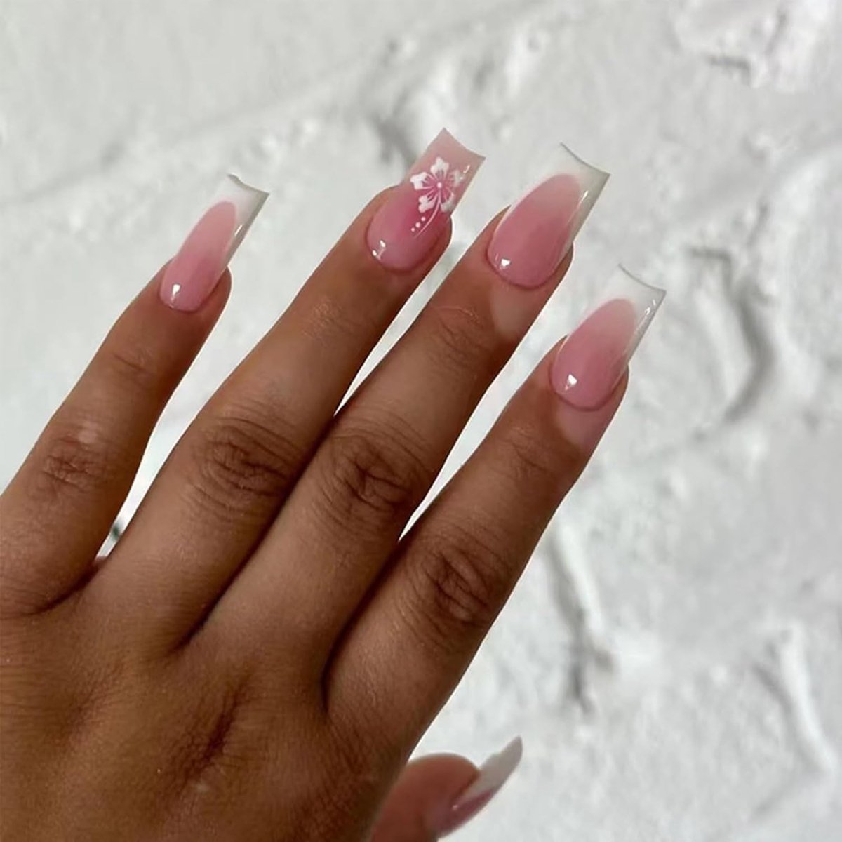 nagels, French design met bloemen, 24 stuks, medium vierkant