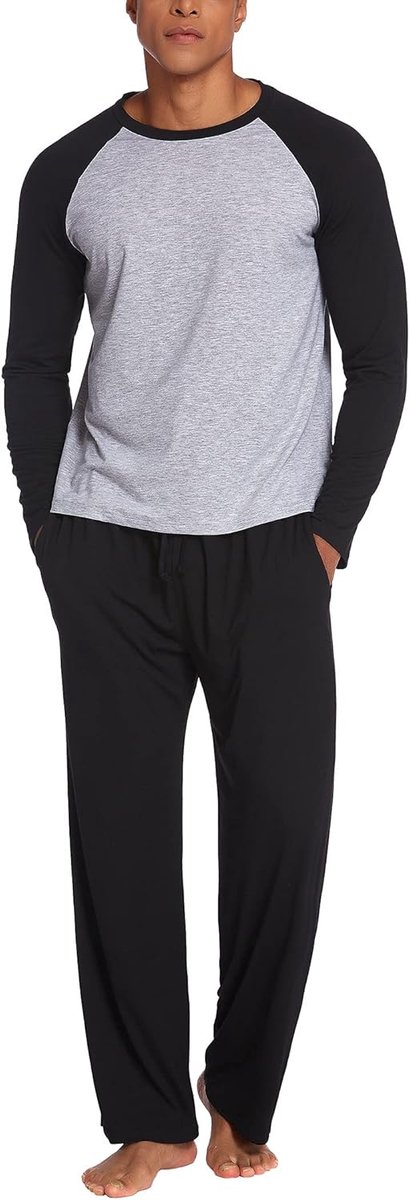Herenpyjama, lange tweedelige zachte warme pyjamaset, ronde hals
