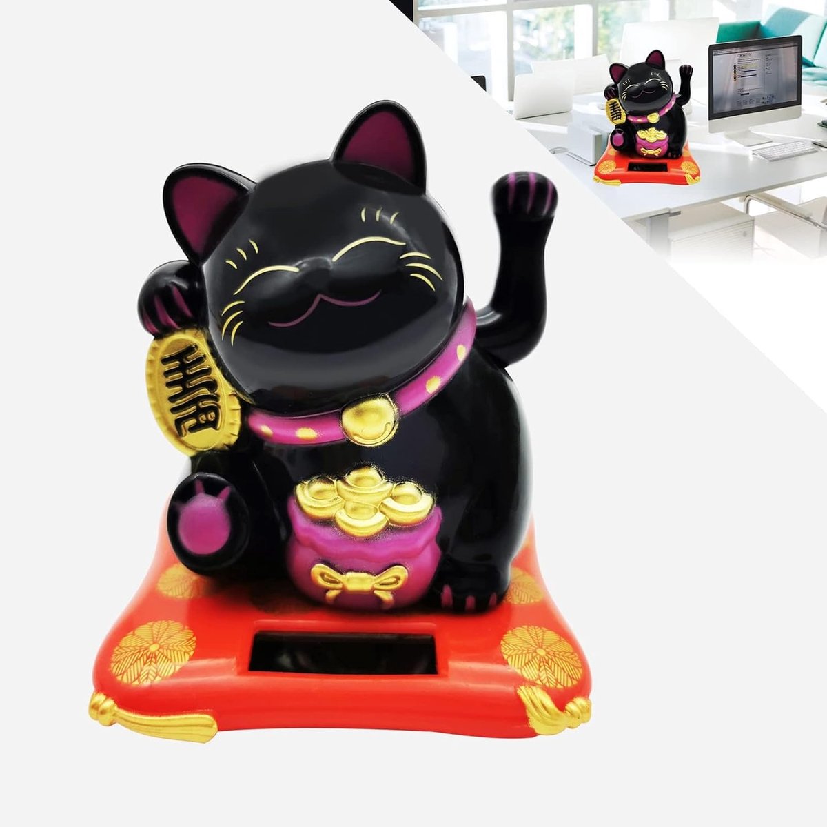 Chinese Lucky Cat, gelukskat, hoekarm, op zonne-energie, schattige gelukskat met schuine arm voor thuis, kantoor, auto (zwart)