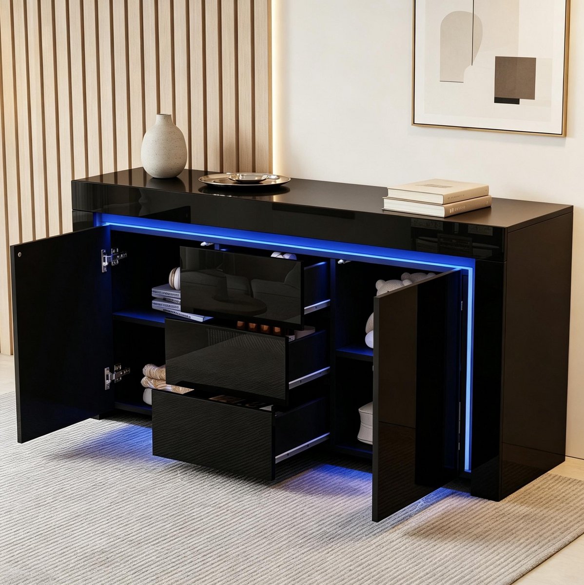 MIVRAY Kast - Hoogglans Dressoir Met LED Verlichting En 3 Lades - Voor Woonkamer En Hal - MDF - Zwart - 140 X 40 X 65 Cm
