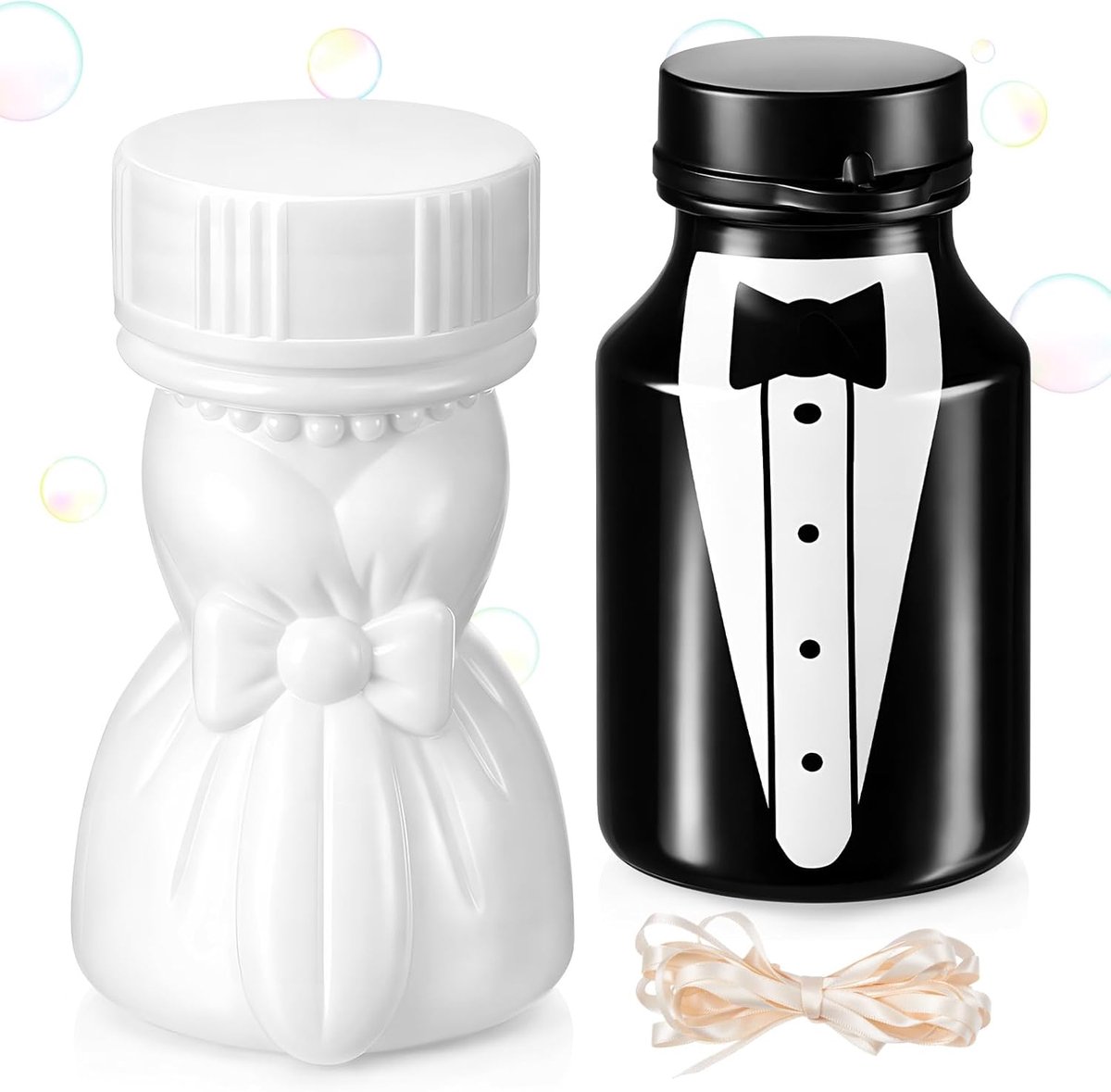 Set Huwelijksbellen voor Paar, Bellenflessen Bruid en Bruidegom met Satijnen Lint, Accessoire voor Ceremonie, Bedankje voor Gasten bij Gemeentehuis, Verloving(1 paar)