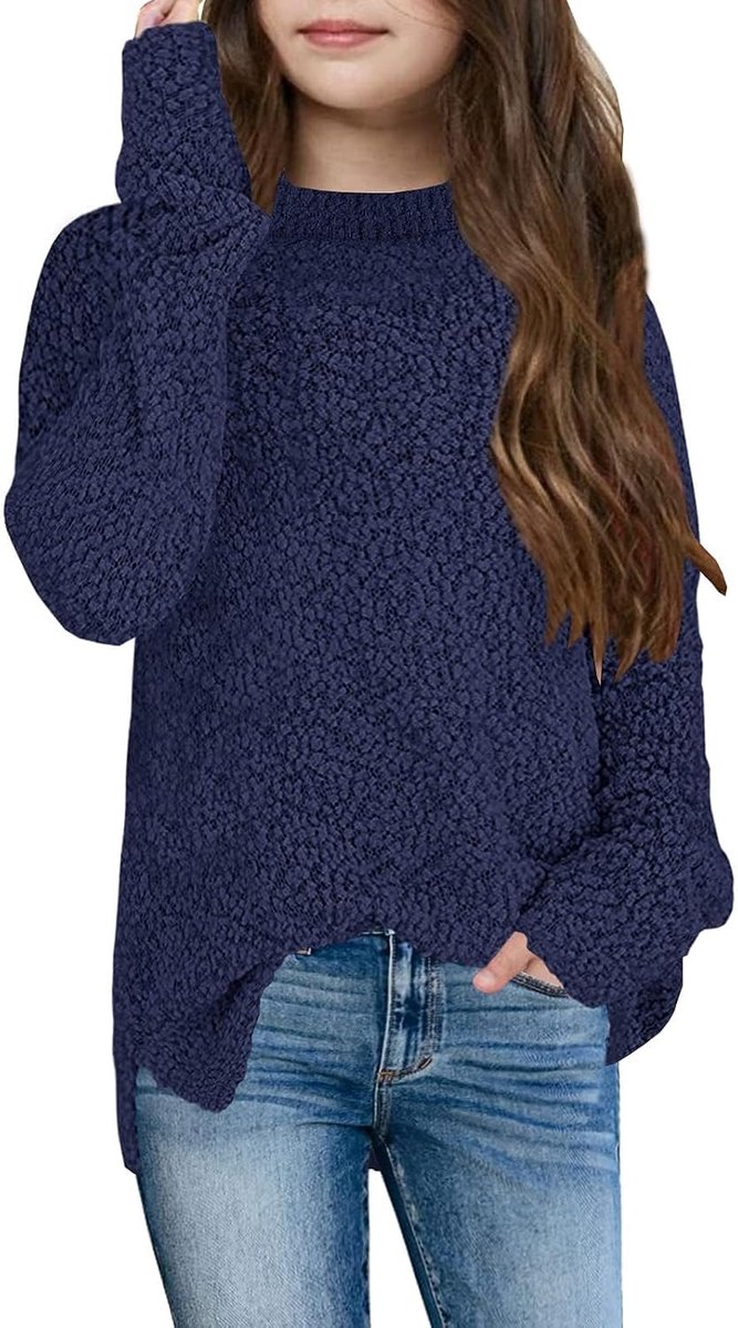 Bela Fleece pullover voor meisjes, ronde hals, fuzzy gebreide trui