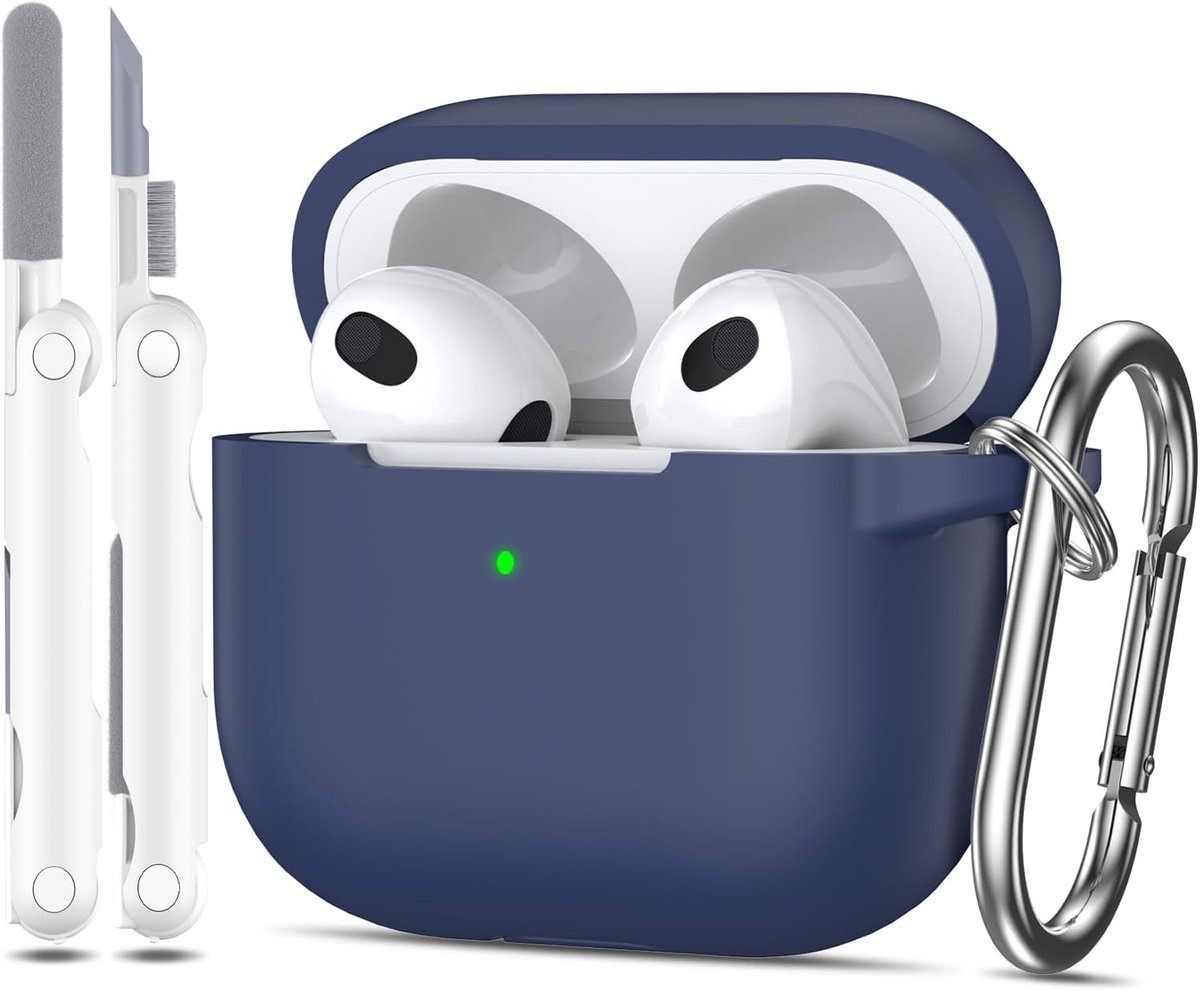 hoesje voor Airpods 3e generatie 2021, zachte siliconen beschermhoes voor Apple Airpods 3 met zichtbare LED aan de voorkant met reinigingsset, Middernachtblauw