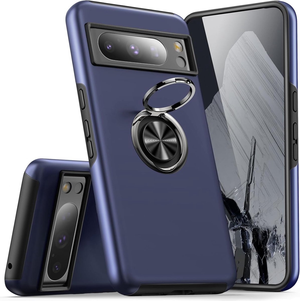 Hoes voor Google Pixel 8 Pro, telefoonhoes met ingebedde 360° graden ring, magnetische beschermhoes, TPU stootvaste cover, case voor Google Pixel 8 Pro, blauw