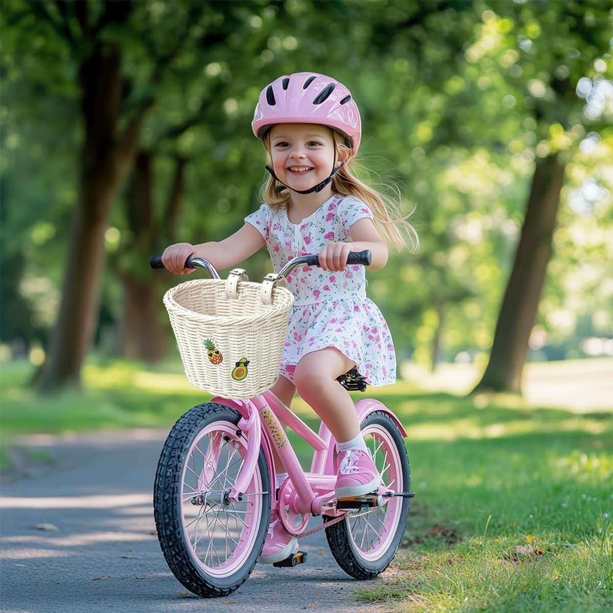 Fietsmandje Meisjes - Fietsmand Kinderfiets - inclusief Fietsbel Kind, 2 x Stuurslingers, 30 x Stickers - Handgeweven fietsmand voor kinderen - Fiets Accessoires voor Kinderen - Kinderfietsmand Set - Wit