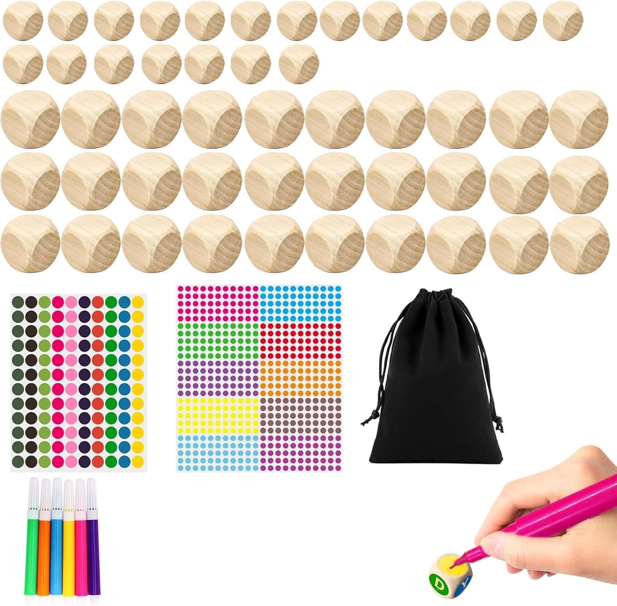 houten dobbelstenen set 50 stuks – blanco blokjes in 2 maten – houten kubussen voor knutselen, spelletjes, beslissingen – met stickers, pennen, opbergzak – natuurlijk hout