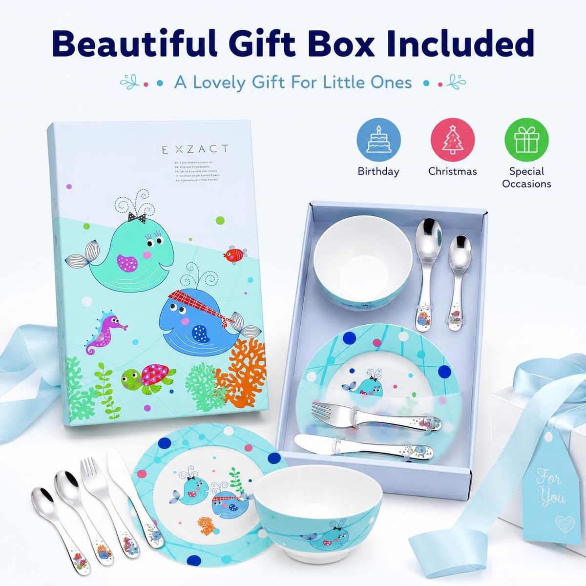 Bestek cadeauset 6 stuks roestvrij staal/kinderservies - 1 x kom, 1 x
