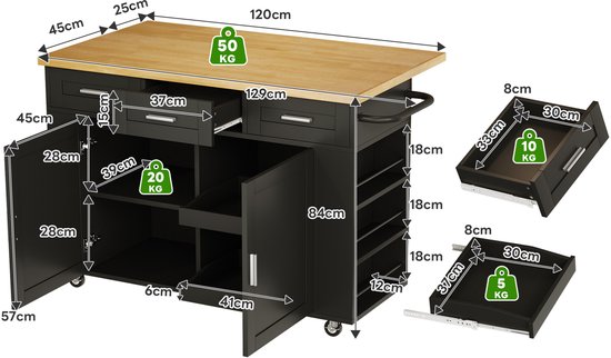 MIVRAY Keukenwagen - Mobiel Keukeneiland Met Opklapbaar Werkblad En Lades - Voor Keuken En Eetruimte - MDF - Zwart — afbeelding 4