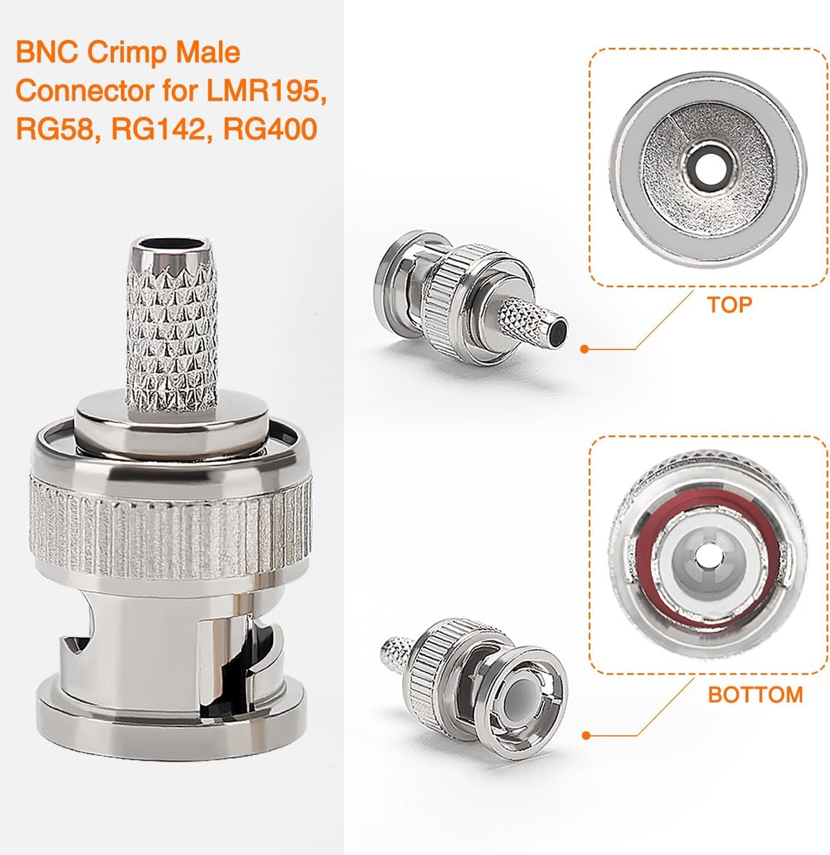 15 Stuks BNC Krimpconnector voor RG58 RG142 RG400 LMR195 Coaxiale Kabel, KUOQIY BNC Mannelijke Adapter voor CCTV Camera, Inclusief Plug, Pin, Huls