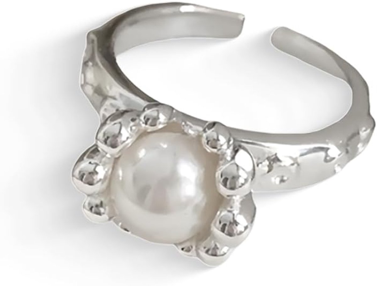 1 x zilveren ring met onregelmatige kralen, verstelbare ring voor
