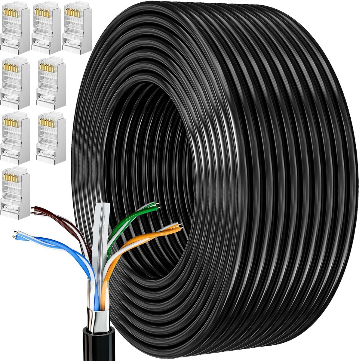 Kabel 40 Meter Cat 6 Afgeschermd Buiten Bulk Ethernetkabel Extra Lange Netwerkkabel Installeren Waterdicht Weerbestendig Hoge Snelheid FTP 23awg Gigabit Netwerklijn Internetdraadkabel