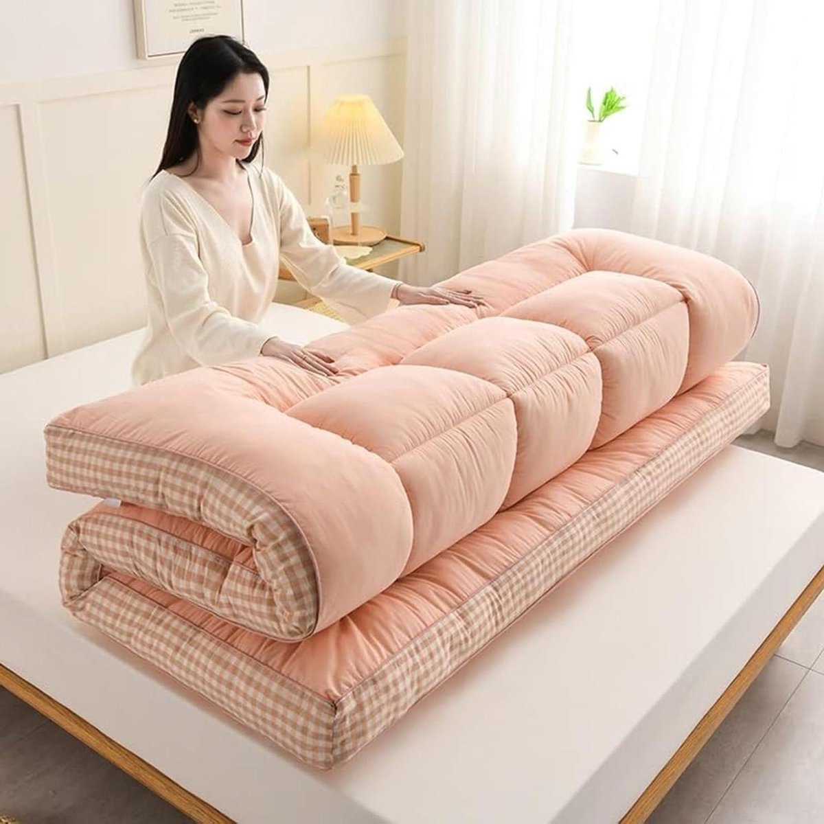 Japanse futonmatras - Opvouwbaar logeerbed - Ruimtebesparend slapen - Vloerligging met comfort - Tweepersoons - Roze